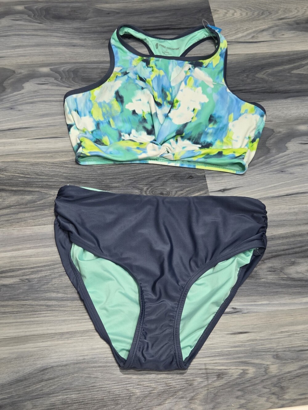 🛍NWT Free Country Aqua/Mint/Navy Highwaist Racerback Modest Swim Set Womens S